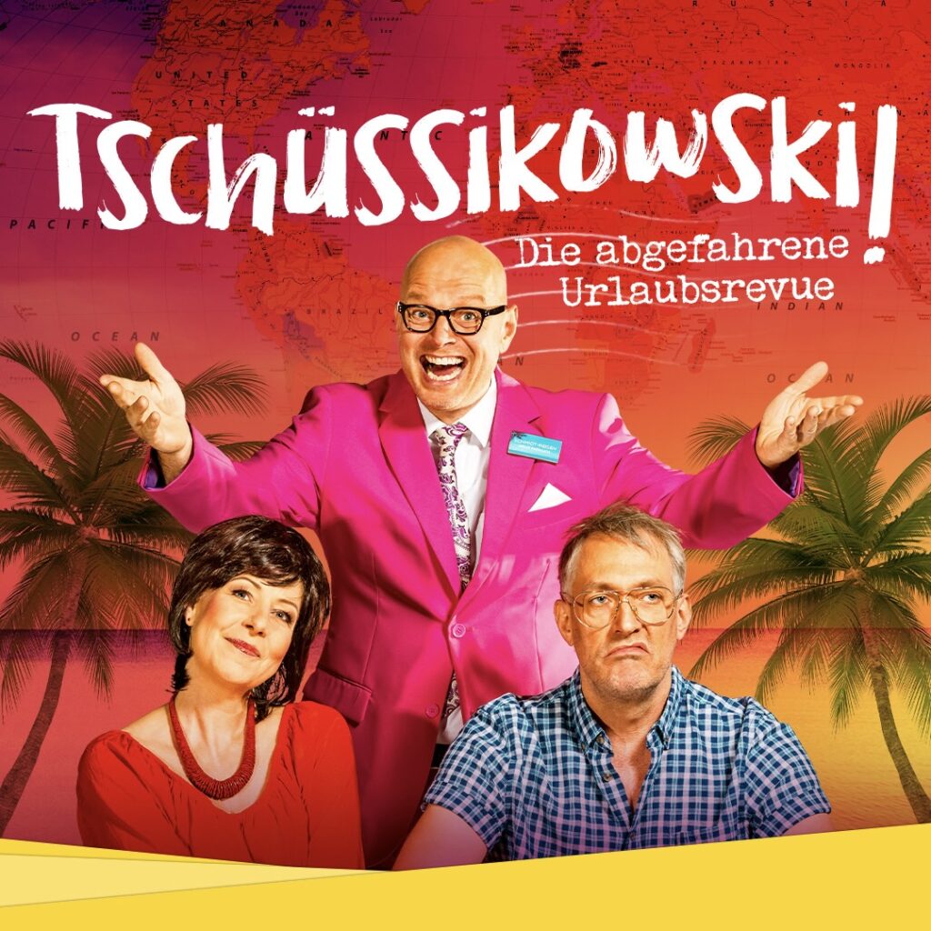 Das Titelbild von Tschuessikowski. 3 Menschen mit Palmen im Hintergrund