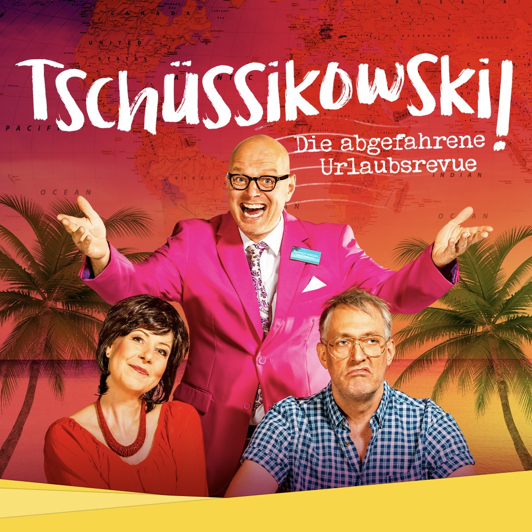 Das Titelbild von Tschuessikowski. 3 Menschen mit Palmen im Hintergrund